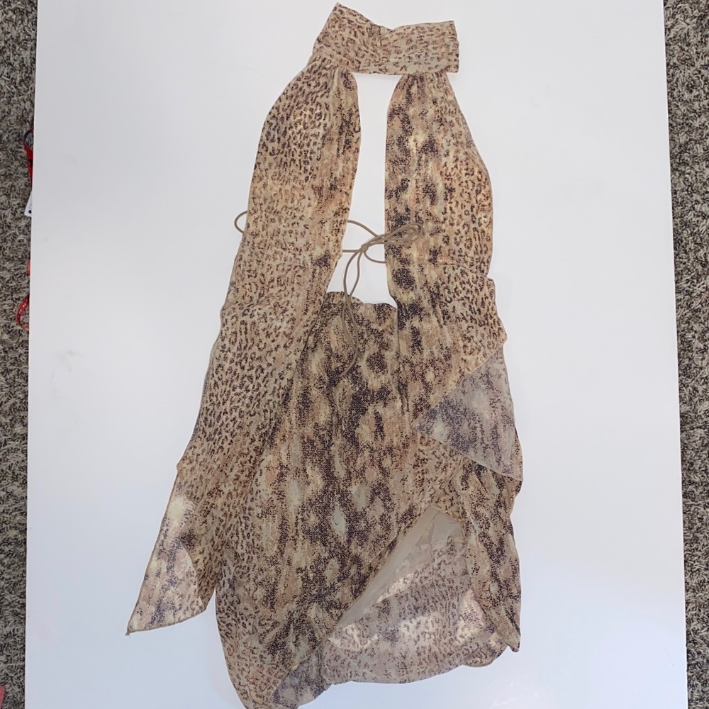 SHEIN Neutral Tan and Brown Sheer Animal-Print Halter Dress